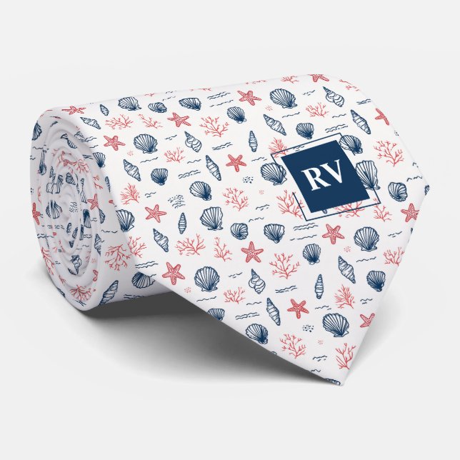 Monogrammierte maritime Muscheln & Seesterne Krawatte (Gerollt)