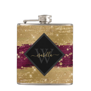 Monogrammierte moderne burgunderrote Goldschrift Flachmann