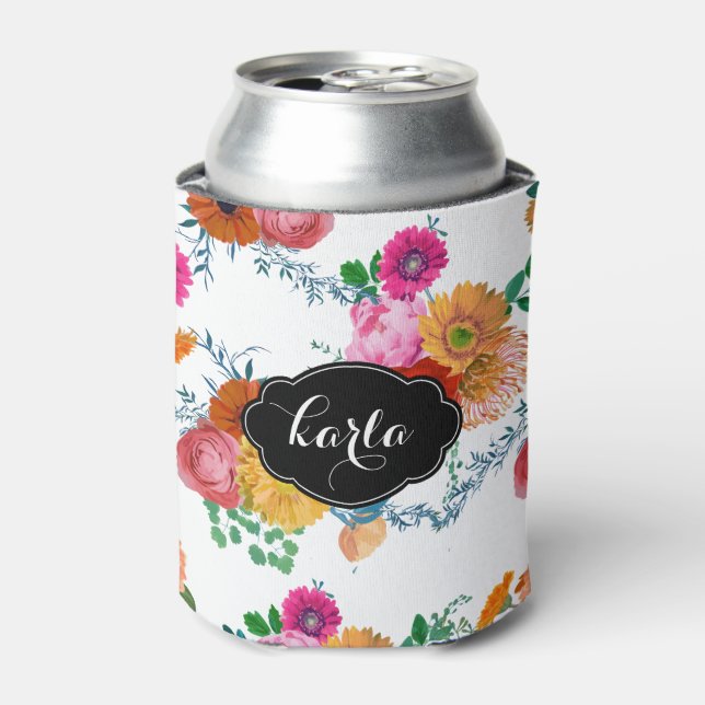 Monogrammierte moderne, farbenfrohe Frühlingsblume Dosenkühler (Kanne Vorderseite)