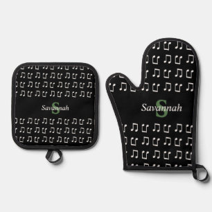 Monogrammierte Musik Schwarz Weiß Noten Ofenhandschuh & Topflappen-Set