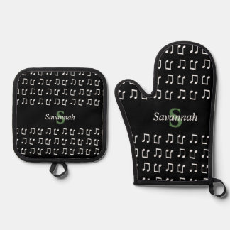 Monogrammierte Musik Schwarz Weiß Noten Ofenhandschuh & Topflappen-Set