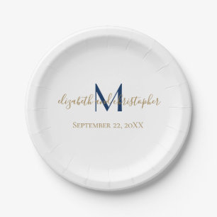 Monogrammierte Namensinitialen Blau Gold Hochzeit  Pappteller