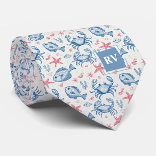 Monogrammierte nautische blaue und rote Krabben un Krawatte