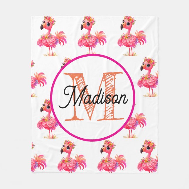 Monogrammierte personalisierte Flamingo-Fleece-Dec Fleecedecke (Vorderseite)