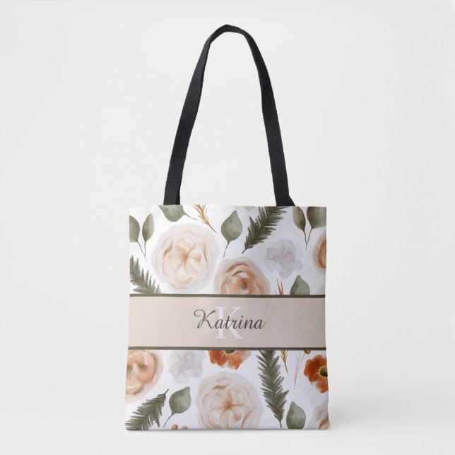 Monogrammierte Pfirsich-Wasserfarben-Blumentasche Tasche (Vorderseite)