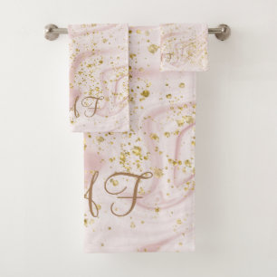 Monogrammierte Pinke Weiße Marmor Strudel Gold Gli Badhandtuch Set