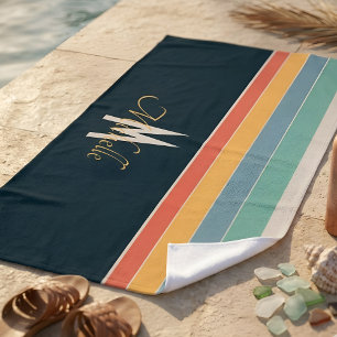 Monogrammierte Retro 70er Navyblau & Bunte Streife Strandtuch