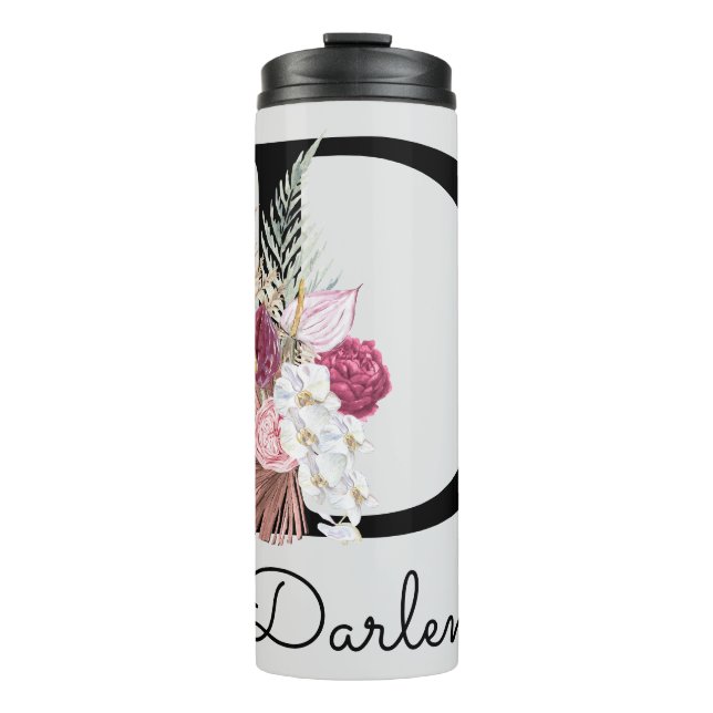 Monogrammierte rosa Boho-Blumeninitiale D Thermosbecher (Vorderseite)