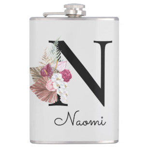 Monogrammierte rosa Boho-Blumeninitiale N Flachmann