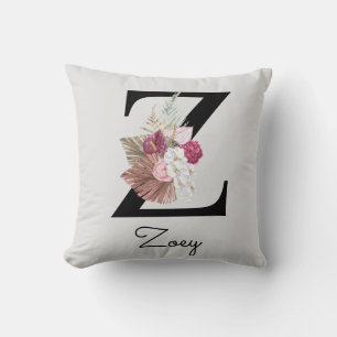 Monogrammierte rosa Boho-Blumeninitiale Z Kissen