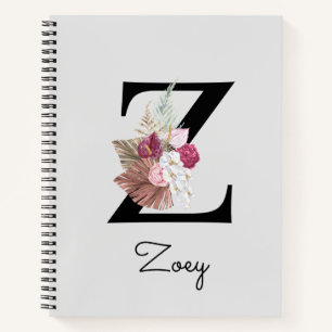 Monogrammierte rosa Boho-Blumeninitiale Z Notizbuch