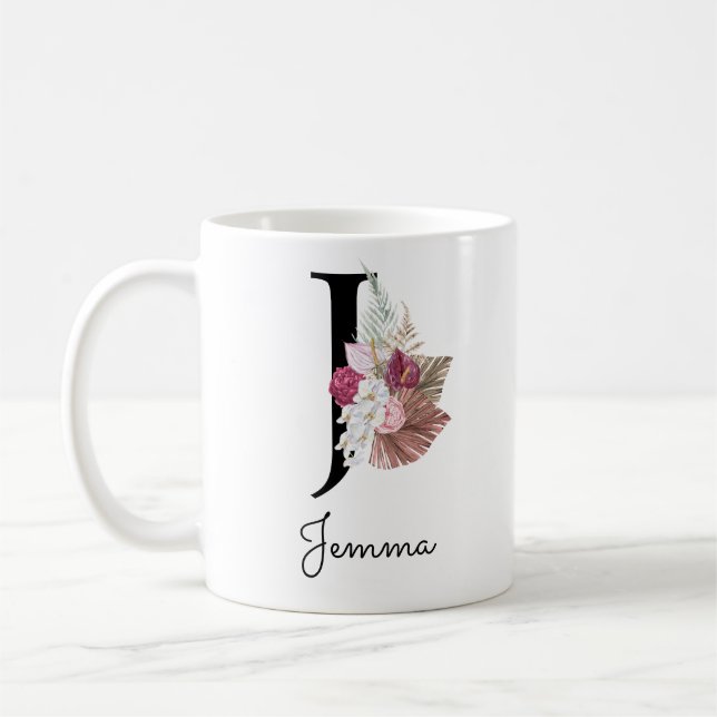 Monogrammierte rosa florale Initiale J Kaffeetasse (Links)