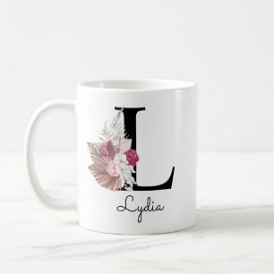 Monogrammierte rosa florale Initiale L Kaffeetasse