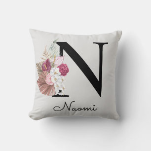 Monogrammierte rosa florale Initiale N Kissen