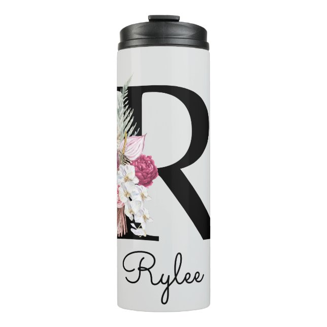 Monogrammierte rosa florale Initiale R Thermosbecher (Vorderseite)
