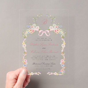 Monogrammierte rosa Schleifen und Wildblumen Hochz Acryleinladungen