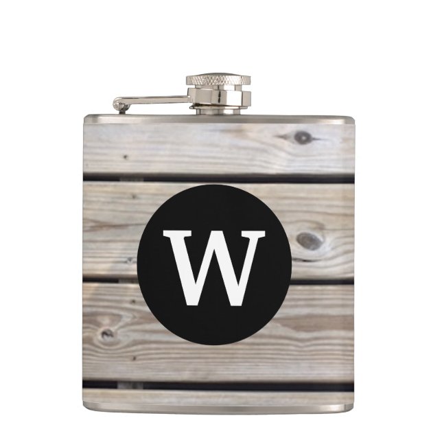 Monogrammierte rustikale Holzplanken-Flasche Flachmann (Vorderseite)