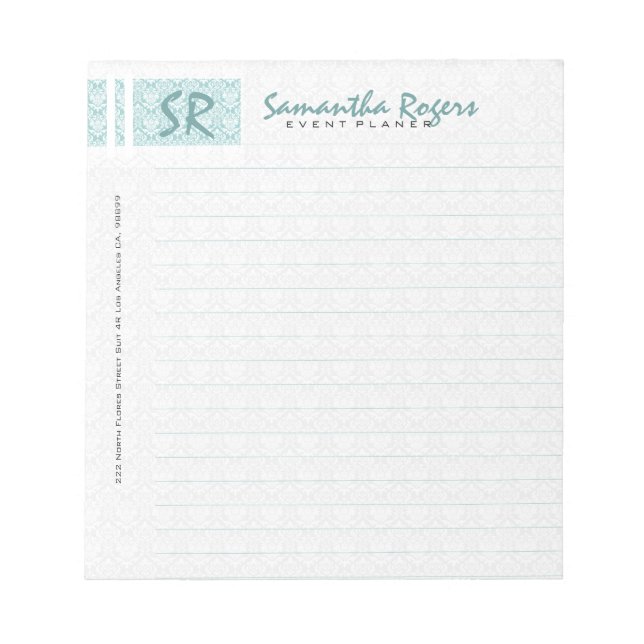 Monogrammierte Sage Green & White Damask Notizblock (Vorderseite)