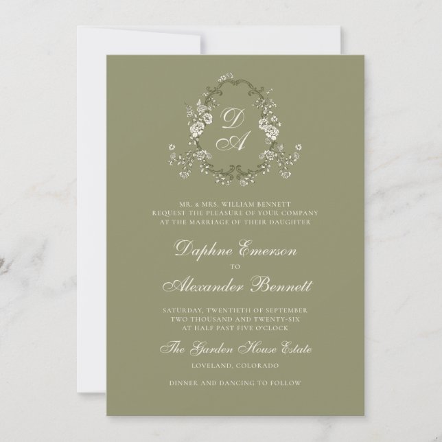 Monogrammierte Salbeigrüne Botanische Hochzeit Einladung (Vorderseite)