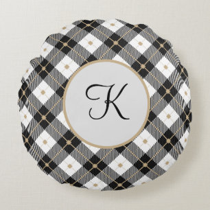 Monogrammierte schwarz-weiß-goldene Karo-Rundkisse Rundes Kissen