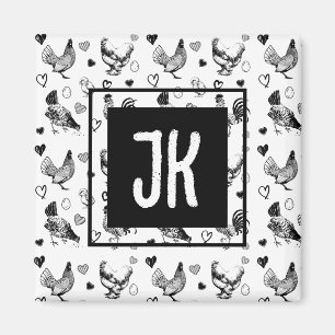 Monogrammierte schwarze und weiße Cartoon-Hühner Magnet