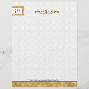 Monogrammierte Simple Gold Glitzer White Damasks Briefbogen