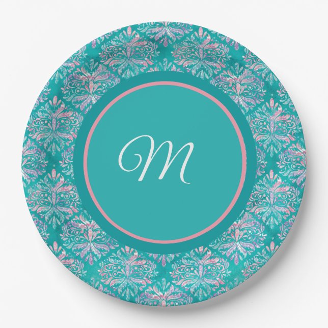 Monogrammierte Teal-Muster Servietten Pappteller (Vorderseite)