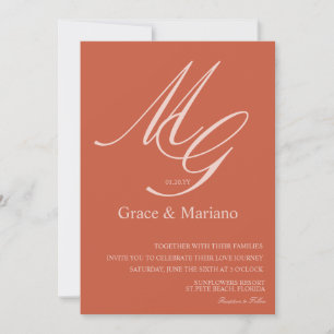 Monogrammierte Terrakotta-Rosa-Stille Hochzeit   Einladung
