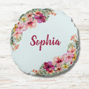 Monogrammierte tropische rosa Blumen Floral Botani Rundes Kissen