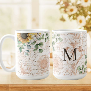 Monogrammierte Vintage-Rustikal-Sonnenblume-Decoup Kaffeetasse