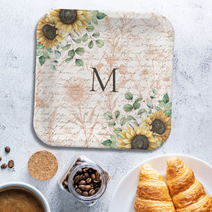 Monogrammierte Vintage-Rustikal-Sonnenblumen-Decou Pappteller