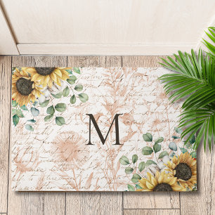 Monogrammierte Vintage-Rustikal-Sonnenblumen-Kalli Fußmatte