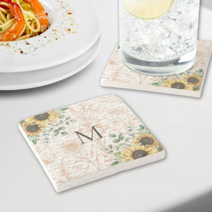 Monogrammierte Vintage-Rustikale-Sonnenblume-Decou Steinuntersetzer