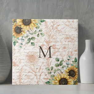 Monogrammierte Vintage-Rustikale Sonnenblumen-Kall Fliese