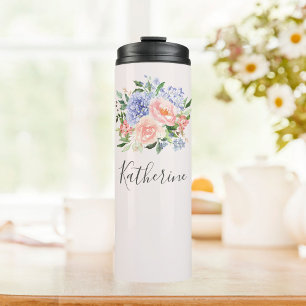 Monogrammierte Wasserfarbe Blau Rosa Frühlingsflor Thermosbecher