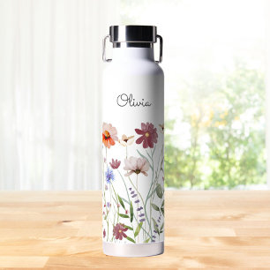 Monogrammierte Wasserfarbe Bunte Wildblumenwiese  Trinkflasche