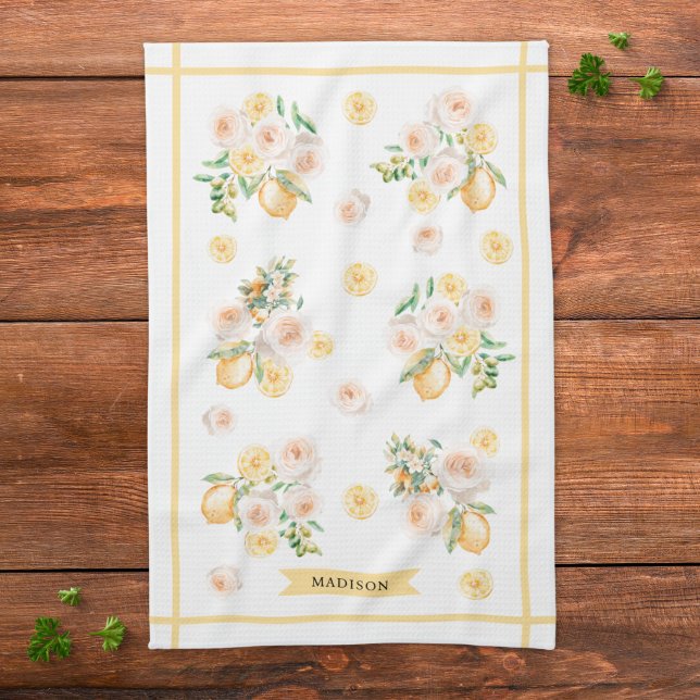 Monogrammierte Wasserfarbe-Limonen und Blumen Geschirrtuch (Von Creator hochgeladen)