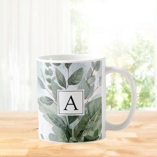 Monogrammierte Wasserfarbe Rustikale Salbei-Grünpf Kaffeetasse