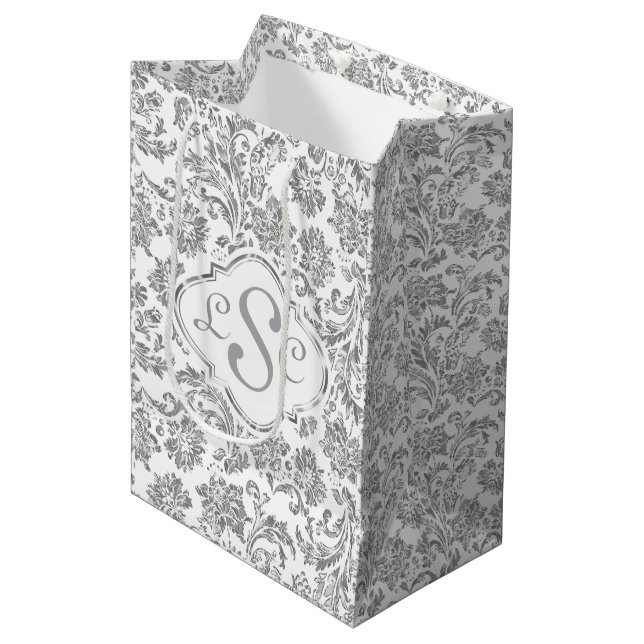 Monogrammierte Weiß- und Metallsilber Mittlere Geschenktüte (Vorderseite Schrägansicht)