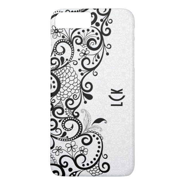 Monogrammierte Weiß- und Schwarz-Blütenlace & Dama Case-Mate iPhone Hülle (Rückseite)