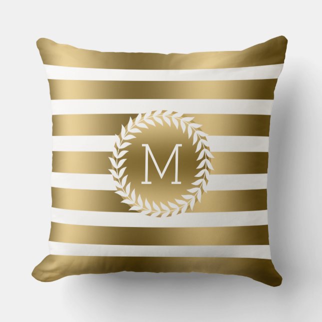 Monogrammierte weiße und goldene Streifen und weiß Kissen (Vorderseite)