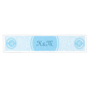 Monogrammierte White & Blue Paisley & Wreath Kurzer Tischläufer