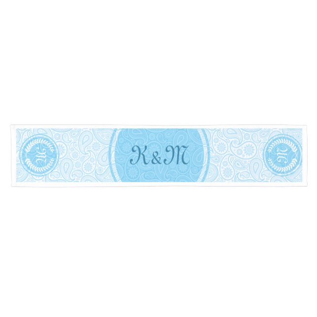 Monogrammierte White & Blue Paisley & Wreath Kurzer Tischläufer (Horizontal)