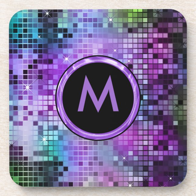 Monogrammierter Disco-Glitzer Lila Obertöne Untersetzer (Vorderseite)