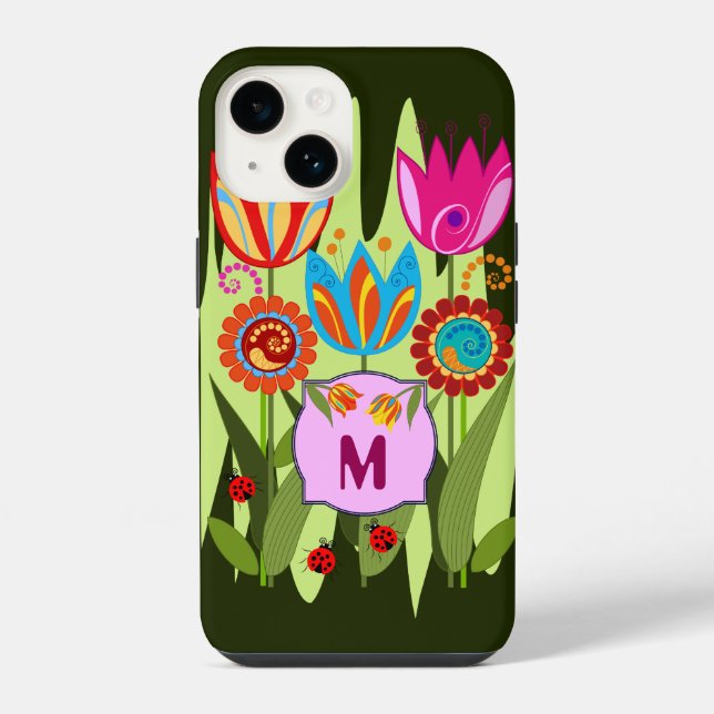 Monogrammierter Frühling mit Tulpen iPhone 14 Hülle (Rückseite)