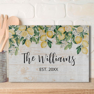 Monogrammierter gelber Zitronenbaum weißes Holz Schneidebrett