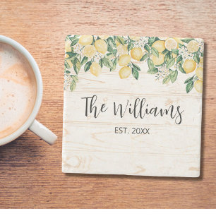 Monogrammierter gelber Zitronenbaum weißes Holz Steinuntersetzer