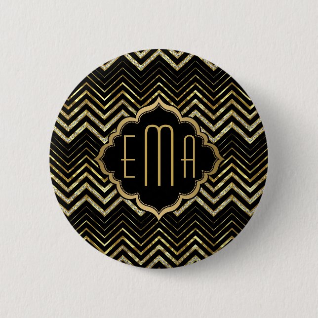 Monogrammierter Gold Glitzer & Zigzag Zickzack Mus Button (Vorderseite)