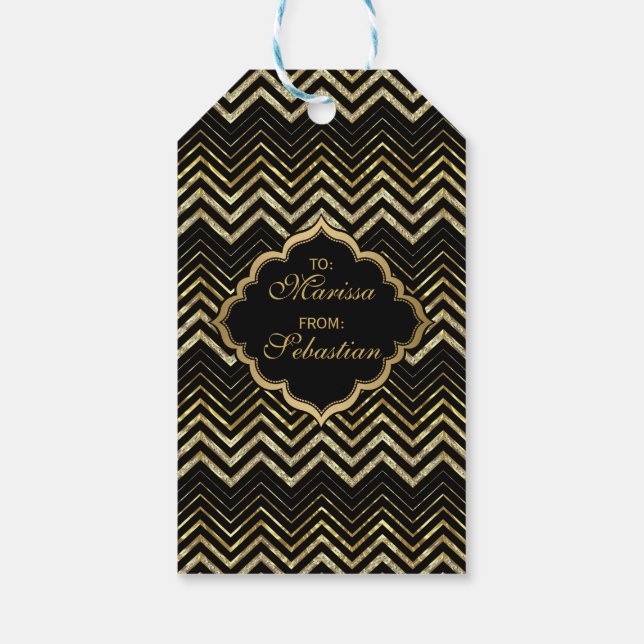 Monogrammierter Gold Glitzer & Zigzag Zickzack Mus Geschenkanhänger (Rückseite)