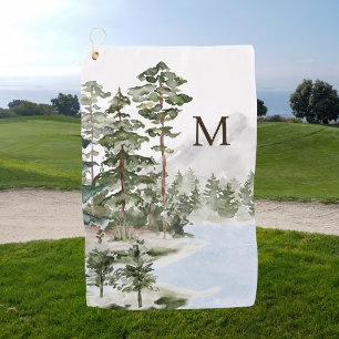 Monogrammierter grüner Kiefernwald und See Golfhandtuch